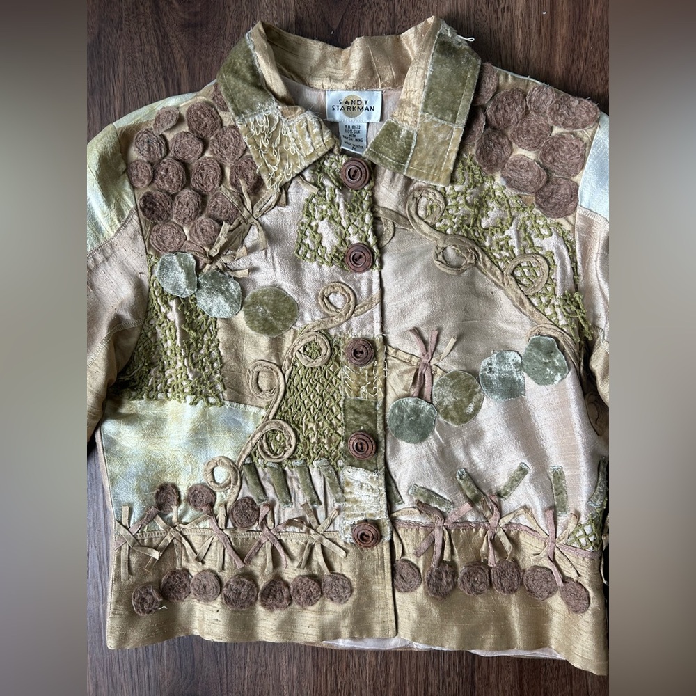 SANDY STARKMAN Silk Patchwork 3D Applique Jacket Art Wear Lagenlook Funky Size M - Picture 11 of 16